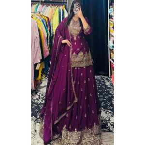 Nouvelle série nouveau Design fête Sharara costume & Dupatta ensemble tissu chinon soie avec long travail en relief dupatta - Product Image 1