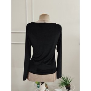 Damen Langarm-Bluse mit Offenem Ausschnitt, Samt und Steindetails an der Taille, 37431 - Schwarz - Product Image 5