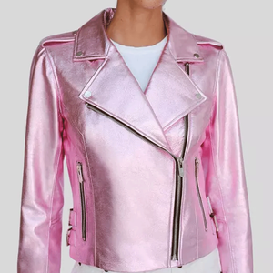 Blouson motard en cuir rose métallisé pour femme - Product Image 4