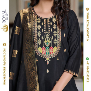 Pantalon Kurti de couleur noire avec broderie attrayante en soie lourde Chanderi de créateur avec une collection unique de Dupatta - Product Image 6