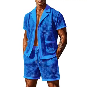 Conjuntos informales de lino y algodón transpirable para hombre, conjuntos de camisas y pantalones cortos con botones y cuello levantado Vintage para hombre, ropa de verano - Product Image 4