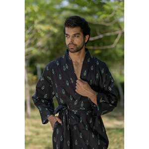 Pure Cotton Boho Men's XL Kimono <b>Robe</b> Geometric Luxury Unisex Bathrobe Relax Fit <b>Beach</b> Dressing Gown Summer Loungewear Soft - Product Image 1