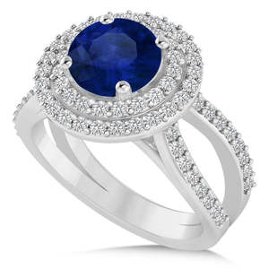Bague de fiançailles en or blanc 14 carats avec double halo, saphir bleu de 2,27 carats, taille émeraude, plaqué rhodium, bijoux fins sertis - Product Image 1
