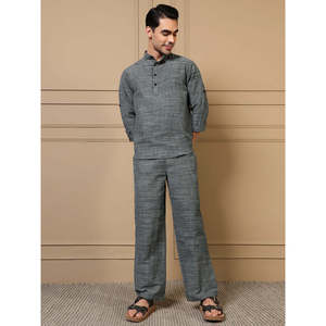 Amanush <b>Men's</b> Grey Cotton Woven Breathable Solid Co-ord <b>Set</b> Full Sleeve Mandarin Collar Kurta <b>Pajama</b> Casual Summer Wear - Product Image 6