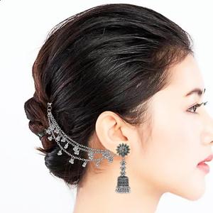 Efulgenz Indien oxydé Jhumka Jhumki boucles d'oreilles paon ensemble avec chaîne d'oreille indien grossiste bijoux pour femmes - Product Image 3