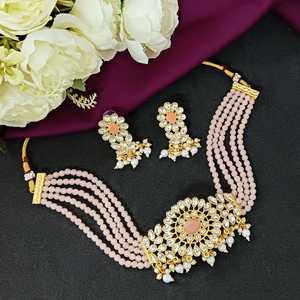 Fabricantes étnicos indios de joyería Faux Pearl Beaded Crystal Kundan Gargantilla Collar Conjunto de joyería, Color melocotón - Product Image 1