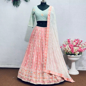 DESGASTE DE NOVIA PESADO BORDADO SECUENCIA TRABAJO LEHENGAS CHOLI CON DUPATTA - Product Image 1