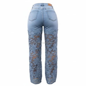 Jeans en denim personnalisés OEM pour femmes, style floral, tendance, déchirés, à jambes larges, vente en gros, nouveau style - Product Image 4