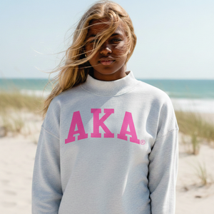Sudadera Ligera de Cuello Alto Estilo Universitario AKA, Sudadera de Forro Polar Premium, Ropa Personalizada para Hermandades Griegas, Color Blanco Jaspeado y Rosa - Product Image 6