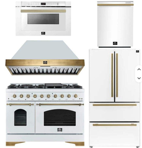 NUOVO Pacchetto Espresso - Cucina a Gas da 30 Pollici, Frigorifero da 36 Pollici con Produttore di Ghiaccio e Lavastoviglie in Bianco con Finiture in Ottone Anticato - Product Image 1