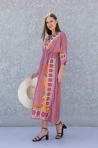 Haute qualité classique 100% coton col en v broderie Midi Maxi longueur robe pour les femmes doux naturel personnalisé robe de vacances pour - Product Image 2