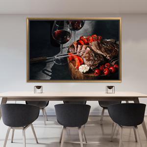 Art mural moderne pour cuisine : Toile imprimée avec motif vin et viande, TOILE ENTOURÉE D'UN CADRE DORÉ - Product Image 1