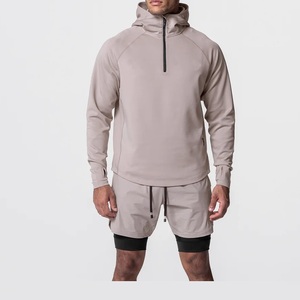NOUVEAU Sweat à capuche 1/4 zip pour homme, coupe-vent, écologique, léger, avec col montant et passe-pouces, en polyester/coton - Product Image 1