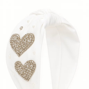 Diadema blanca hecha a mano de lujo con elegantes adornos de diamantes de imitación de doble corazón Acentos de perlas Diseño de accesorios de moda - Product Image 1