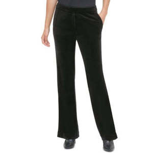 Pantaloni Calvin Klein da Donna in Velluto Nero, Stile Svasato a Matita, Vita Media, Traspiranti, Eleganti, con Effetto Stropicciato, Taglia XL - Product Image 1