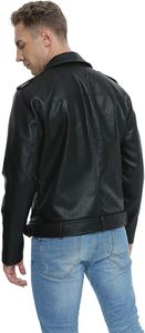Chaqueta de moto bomber de cuero ajustada para hombre con cuello levantado, diseño de abrigo de solapa con cremallera asimétrica y cinturón - Product Image 4