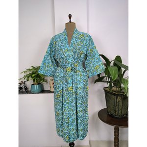 Bata de Casa Boho Estampada a Mano, Kimono Indio de Algodón Puro, Cubierta de Playa para Mamá y Maternidad, Color - Product Image 1
