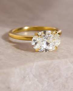 10x7mm Oval Cut Moissanite Engagement <b>Ring</b> | Horizontal <b>Solitaire</b> Bridal Wedding <b>Ring</b> | 18K Gold Plated Sterling <b>Ring</b> - Product Image 1