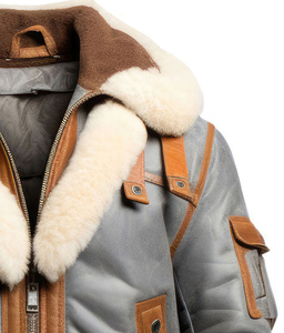 Tùy chỉnh màu xám chính hãng da cừu Sherpa lông cừu giả lông cổ áo sang trọng phi công phi công mùa đông máy bay ném bom Áo khoác da chất lượng cao - Product Image 3