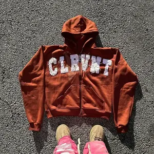 Ropa de calle personalizada 500 Gsm Heavyweight Thermal Sun Faded parche desgastado apliques bordado Zip up Puff Print sudaderas con capucha para hombres - Product Image 5