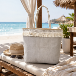 Wholesale <b>Large</b> Grey Fringed PP Laminated Jute <b>Beach</b> Tote <b>Bag</b> Rope Handles Custom Logo Eco Friendly Reusable Shopping Travel <b>Bag</b> - Product Image 4