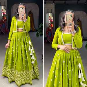 เสื้อเบลาส์ lehenga เย็บเต็มพร้อมแจ็กเก็ตปักลายทำงานผ้าฝ้ายแท้ผสมสีสวย - Product Image 5