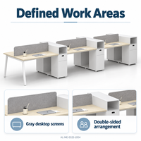 Bureau de travail double face avec dessus en bois clair, écrans d'intimité gris et rangements blancs pour bureaux partagés