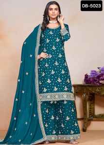 Indian and Pakistani Style Wholesale Price Georgette Readymade Design Latest Embroidery Sequence Work Dress with Sharara Set - Product Image 3