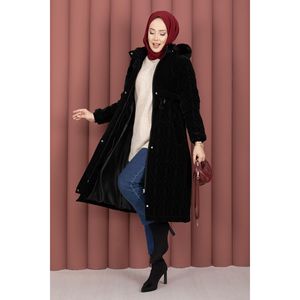 Manteau d'hiver Nova avec capuche en fourrure à motif matelassé, noir, coupe-vent - Product Image 1