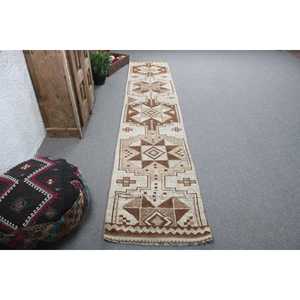 Vintage Herki Patchwork <b>Wool</b> Rug Eco-Friendly <b>Brown</b> Moroccan Turkish Rug with Latex Backing 2.2x11.7 ft (68x358 Cm) - Product Image 1