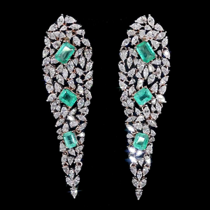 Boucles d'oreilles Statement en émeraudes et diamants de laboratoire taille marquise |   Bijoux fins de qualité supérieure Or massif 14 carats plaqué rhodium Certifié IGI - Product Image 1