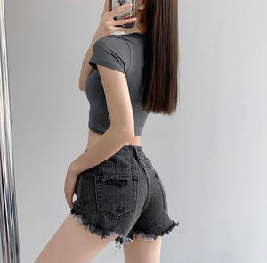 กางเกงขาสั้นเอวสูงทรงเอแบบวินเทจสำหรับผู้หญิงกางเกงเอวสูงทรงปกติดีไซน์เป็นรูระบายอากาศได้ดีฤดูร้อน - Product Image 4