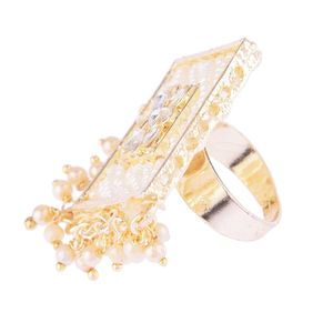 Joyería tradicional india étnica Faux Pearl Crystal Kundan anillo de dedo ajustable joyería nupcial de la boda para las mujeres, oro - Product Image 5