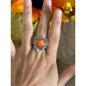 Southwest Handmade Turquoise & Spiny Oyster Sterling <b>Silver</b> <b>Adjustable</b> Heart Statement <b>Ring</b> - Product Image 2