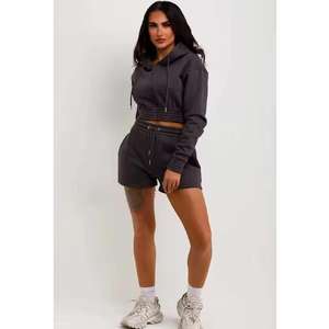 Haute qualité noir femmes fermeture éclair sweat à capuche haut et ensemble court survêtements deux pièces ensemble femmes survêtement travail à capuche - Product Image 1