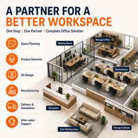 Ensemble complet de mobilier de bureau sur mesure : solution de réception, salle de réunion, poste de travail, rangement et espace lounge