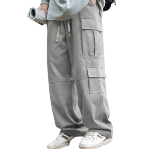 Pantalon pour homme gris clair délavé Pantalon cargo surdimensionné avec cordon de serrage Taille multi-poches à rabat Coupe ample Streetwear Utilitaire Design - Product Image 1
