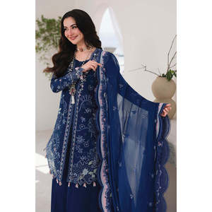 QALAMQAR 3PC Chikan Embroidered Chiffon <b>Top</b> Dupatta & Trousers-Khaadi <b>Net</b> Embroidered for Spring/Summer Model No. 4758 - Product Image 3