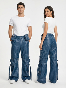 Fashion Premium Genuine Leather Cargo Pants Motorcycle Tactical Utility <b>Trouser</b> Pockets Buckle Strap Riding Leather Pants Women - Product Image 2