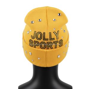 Bonnet en tricot côtelé pour femme, 300 GSM, style hiver, jaune, avec logo personnalisé en sequins et strass brillants, bonnet jacquard - Product Image 2