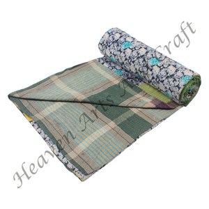 Hand-Stitched Indian Kantha <b>Quilt</b> Cotton <b>Patchwork</b> <b>Bedspread</b> Reversible Heavy Throw Old Sari for Hotels - Product Image 3