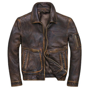 Veste en cuir de vachette véritable marron vintage pour homme, blouson bombardier épais avec col montant et logo sur le devant en toile, OEM - Product Image 3