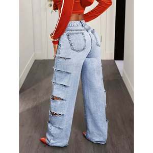 กางเกงยีนส์ขาบานทรงดิสเทรส ดีไซน์เก๋ ใส่สบาย เอวสูง สไตล์ลำลอง ระบายอากาศได้ดี ตัดเย็บแบบคัตเอาท์ ไซส์ XL ลายพิมพ์โลโก้ - Product Image 3