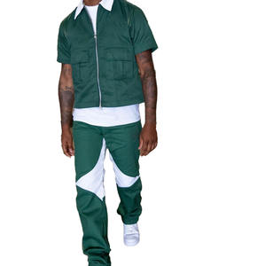 Custom Logo Summer <b>Men's</b> Set Two-Way <b>Zip</b> Canvas Cargo Shirt and Jogging Sweatpants Casual Two Piece Training Wear Big <b>Pocket</b> Set - Product Image 1