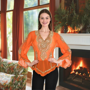 New Romanian Beautiful Short <b>Blouse</b> Bluza Blusa Evening Party Cocktail Wear Sequins Hand Embroidery for Women Plus Size Button - Product Image 1