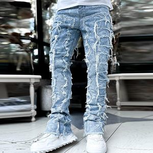 Pantalons de jogging en toile patchwork extensible tendance, décoration créative en détresse, style européen, hip-hop, légers, pour hommes - Product Image 5