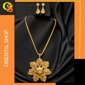 Compra collar pendientes conjunto con chapado en oro de 22 quilates diseño premium collar pendientes conjunto para mujer usar joyería - Product Image 2