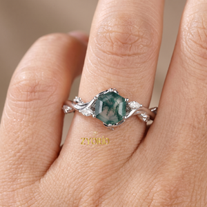 Anillo de compromiso de oro de 10K con ágata musgosa hexagonal y detalles de diamantes en forma de hoja de vid - Product Image 5