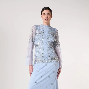 Nouvelle robe de soirée artisanale haut de gamme avec paillettes et broderie perlée pour les fêtes et les soirées avec des perles cloutées d'autruche - Product Image 1