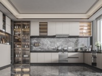 Armoire de cuisine contemporaine encastrée en forme de U avec mur en marbre, garde-manger